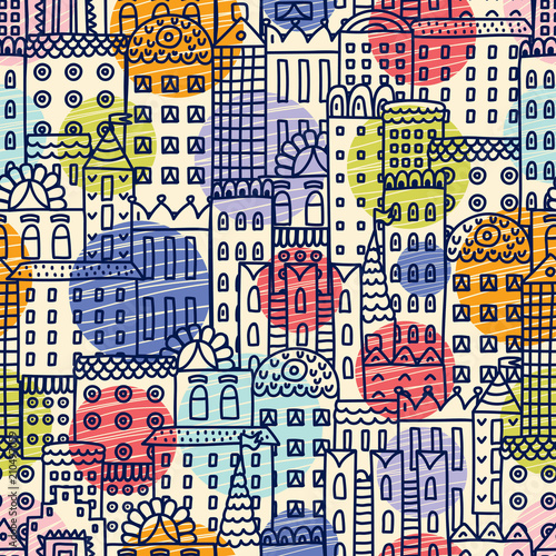 Home sweet home. Cute seamless pattern with houses. Town.