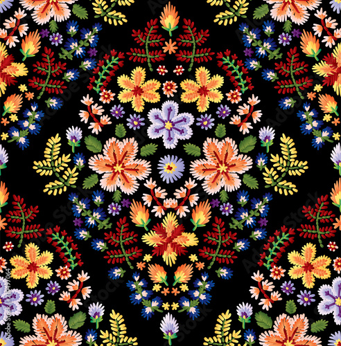 Vector seamless embroidery pattern, decorative textile ornament, pillow decor. Bohemian handmade style background design.