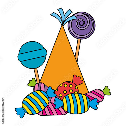 sweets lollipops and candies with party hat vector illustration design