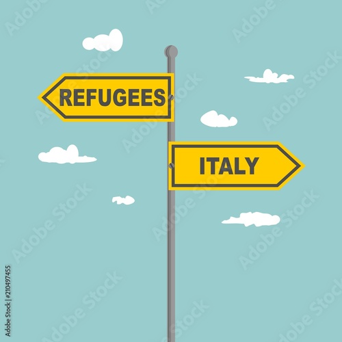 Road signs with Refugees and Italy text pointing in opposite directions. Illustration relative to migration from Africa to European Union.