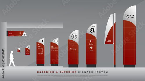 exterior and interior signage. directional, pole, and traffic signage system design template set. empty space for logo, text corporate identity