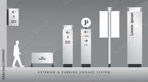 exterior and parking signage. directional, pole, and traffic signage system design template set. empty space for logo, text corporate identity