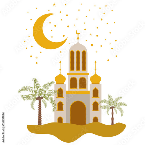 arabic castle with moon in the night scene vector illustration design