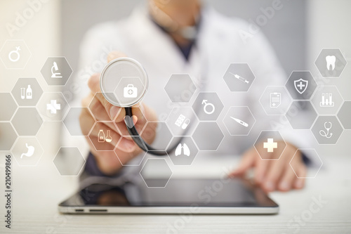 Medical concept on virtual screen. Healthcare. Online medical consultation and health check, EMR, EHR.