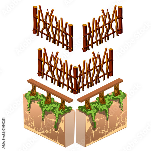 Set of wooden fences and fragments of stone walls with wooden railings isolated on a white background. Vector illustration.