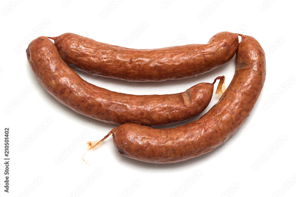 smoked sausages on a white background smoked sausages on a white background