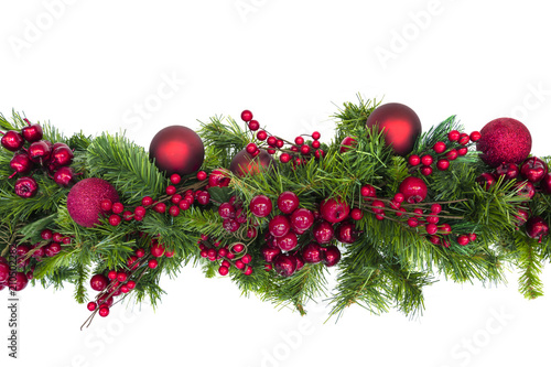 Christmas Garland with Red Berries and Baubles Isolated on White