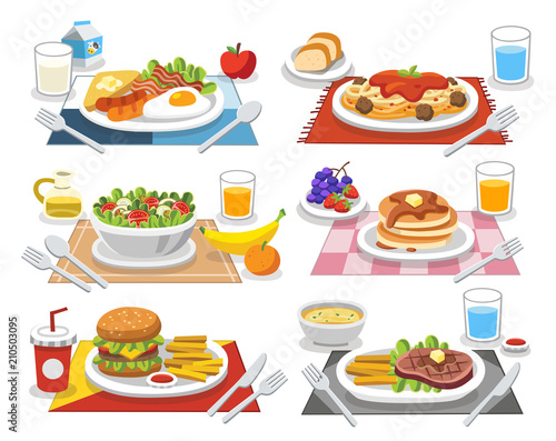 Sample food at each meal. Meals of people who should eat in a day. Ideas for creating a nutritional description for daily food. photo