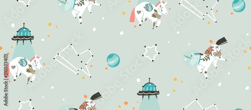 Hand drawn vector abstract graphic creative cartoon illustrations seamless pattern with cosmonaut unicorns with old school tattoo,alien spaceship and planets in cosmos isolated on grey background © anastasy_helter