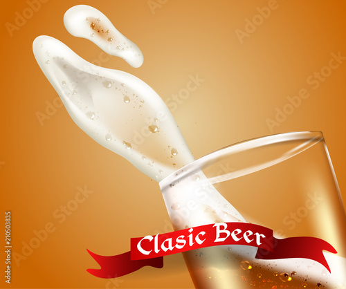 Glass with splashing beer, attractive beer mockup in 3d template . Vector Stock illustration