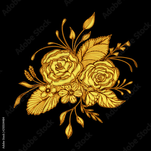 Abstract flowers bouquet with embroidery handmade effect in gold on black for decoration clothes or package and for others things