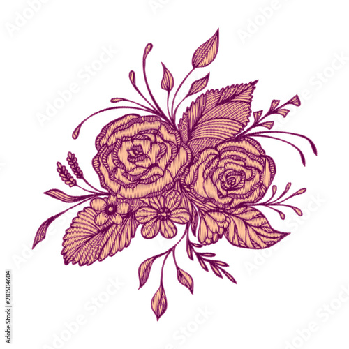 Abstract flowers bouquet with embroidery handmade effect in burgundy pink on white for decoration clothes or package and for others things