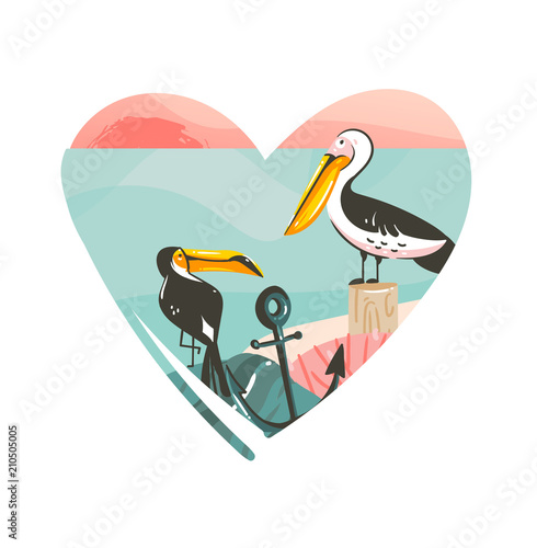 Hand drawn vector abstract cartoon summer time beach graphic illustrations art template logo background in heart shape with ocean beach landscape,pink sunset view and toucan and pelican birds