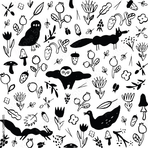Seamless black and white pattern with animals, flowers, berries, mushrooms and insects. Children s drawing or Doodles. Strongly stylized funny image of an owls, fox, squirrel, duck.