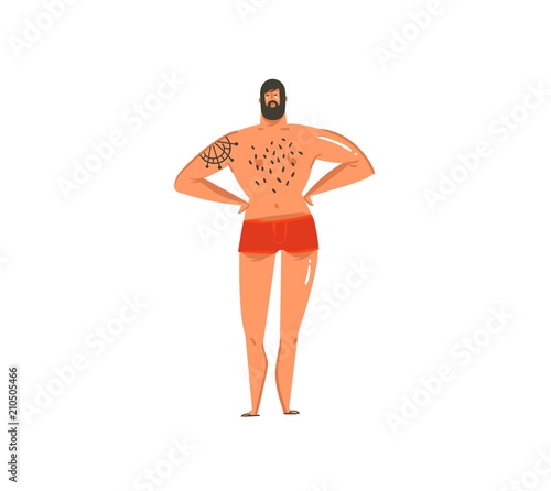 Hand drawn vector abstract graphic cartoon summer time collection flat illustrations with man character on the beach isolated on white background
