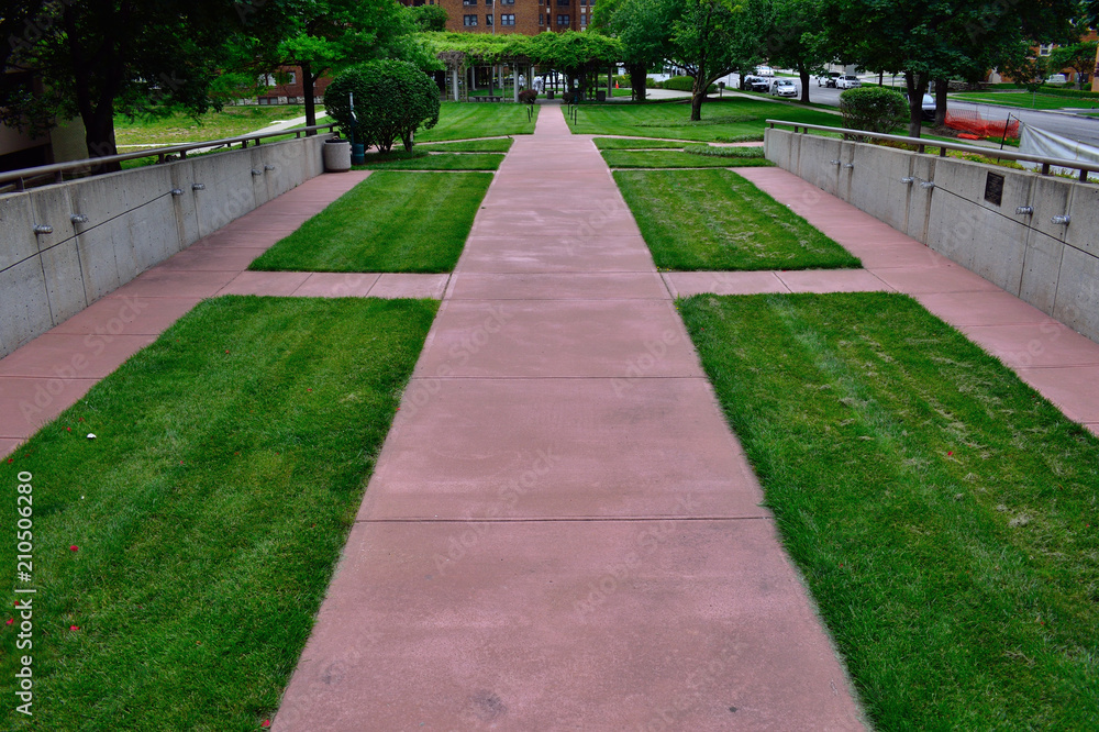 A red sidewalk in downtown Kansas City, Missouri.