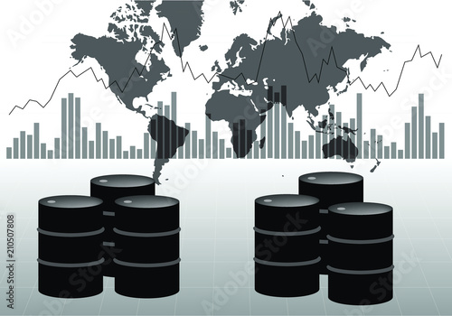 Oil barrels with price chart and world map.