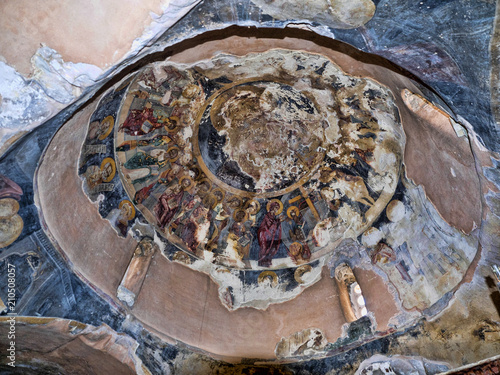 LIMASSOL, CYPRUS, JUNE 20, 2018: old frescoes on the wall of the stone church June 20, 2018, Limassol, Cyprus