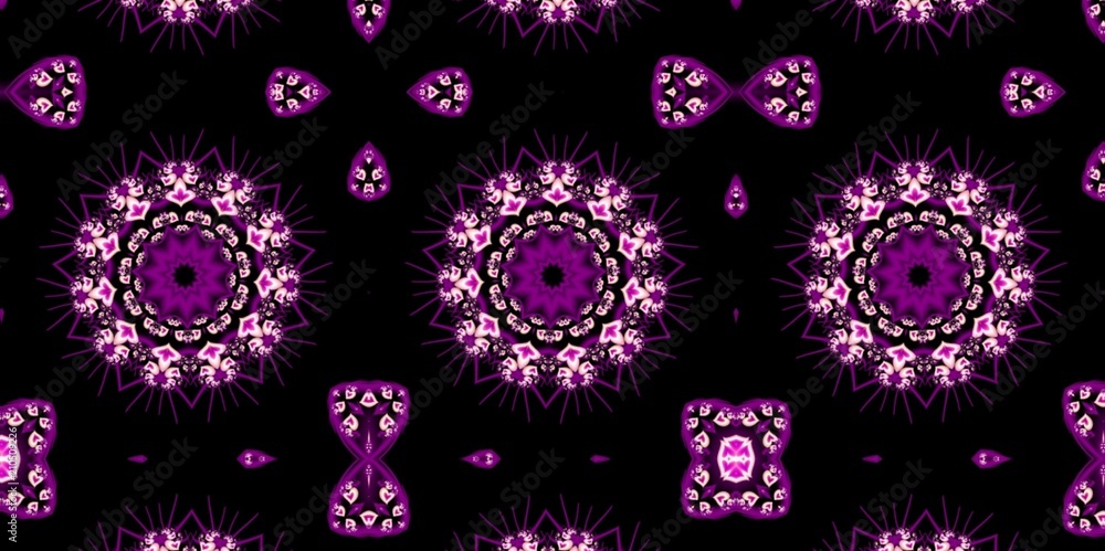 Digital fractal 3D design.Floral kaleidoscope in purple on black background.