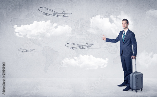 Businessman hitchhiking with flying airplanes cloud and map concept
 photo