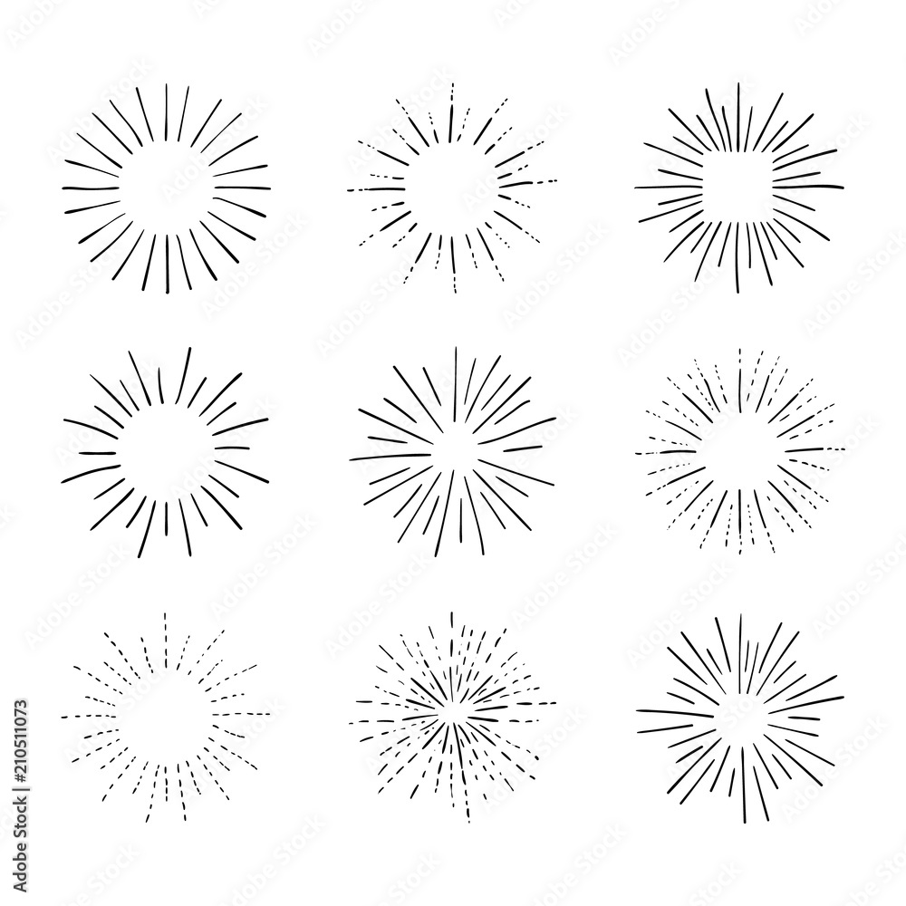 Vector Set of Retro Light Rays, Isolated on White Black Outline Drawings, Vintage Sketches. Vector Set of Retro Light Rays, Isolated on White Black Outline Drawings, Vintage Sketches.