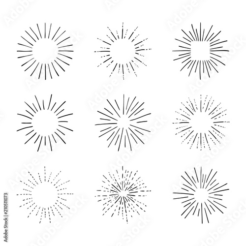 Vector Set of Retro Light Rays, Isolated on White Black Outline Drawings, Vintage Sketches.