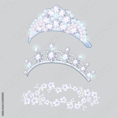 Set of crowns and wreaths on the brides head isolated on gray background. Jewelry wedding diamond jewelry. Vector cartoon close-up illustration.