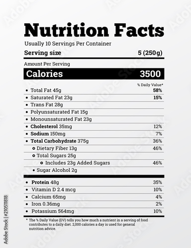 Nutrition facts label design vector . Content of calories, vitamins, fats and other elements