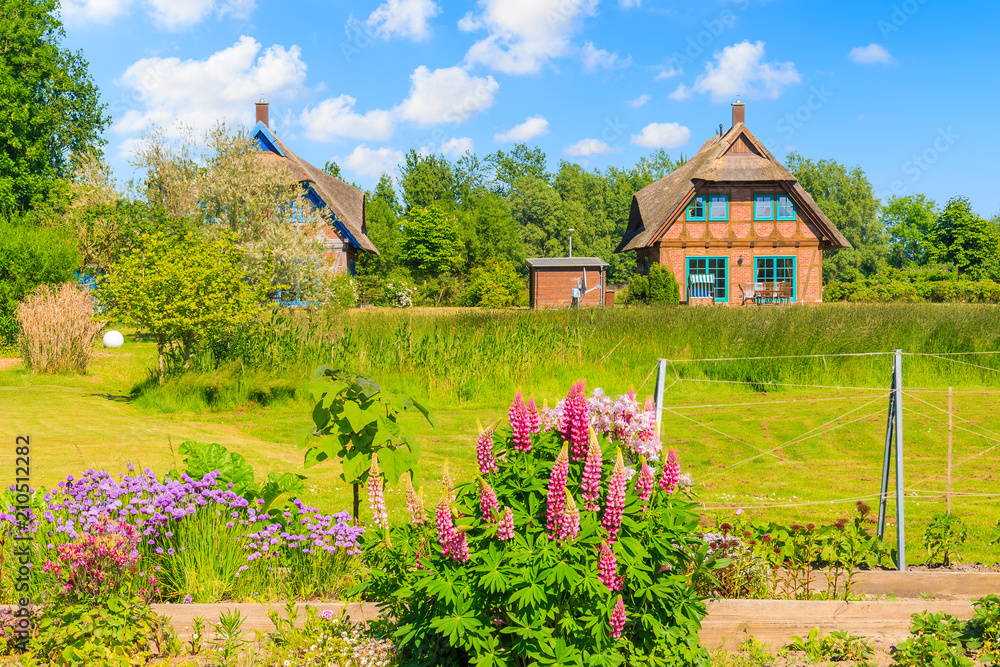 Traditional thatched roof house on green meadow in Gross Zicker village on sunny summer day, Ruegen island, Baltic Sea, Germany