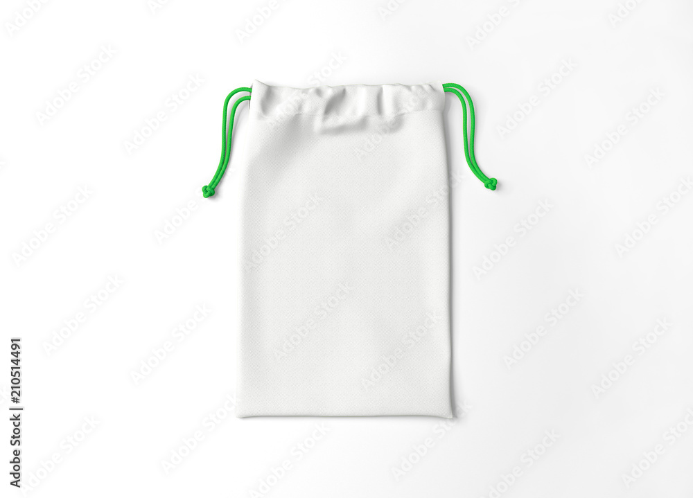 White drawstring bag on background. Fabric cotton small bag. Isolated pouch. White drawstring bag on background. Fabric cotton small bag. Isolated pouch.