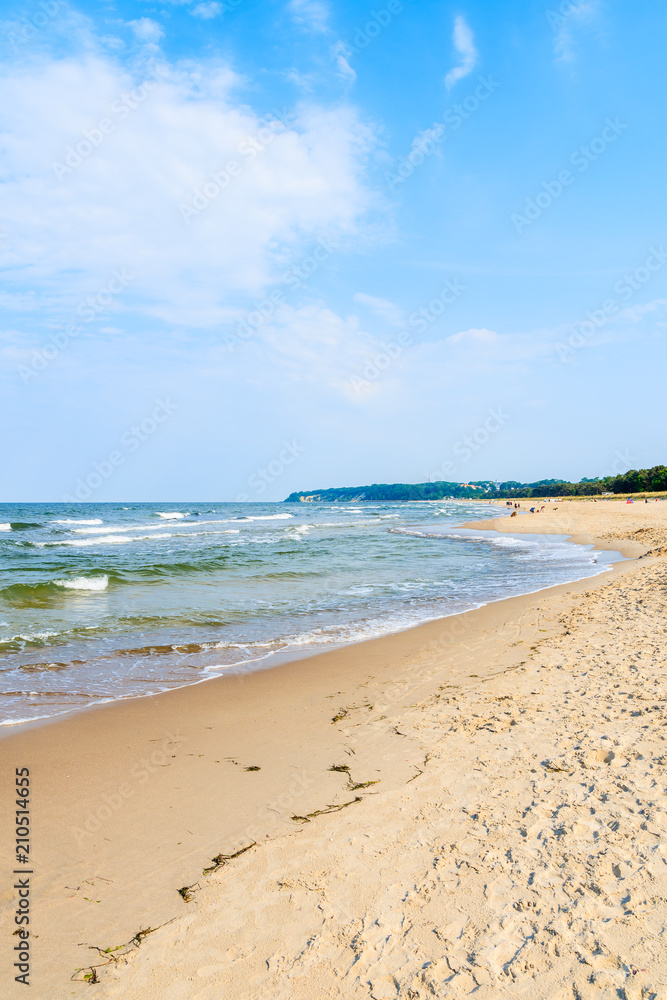 View of beach in Baabe town from sand dune, Ruegen island, Baltic Sea, Germany