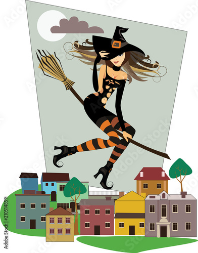 witch on a broomstick, flying over rooftops in the city, vector illustration of halloween