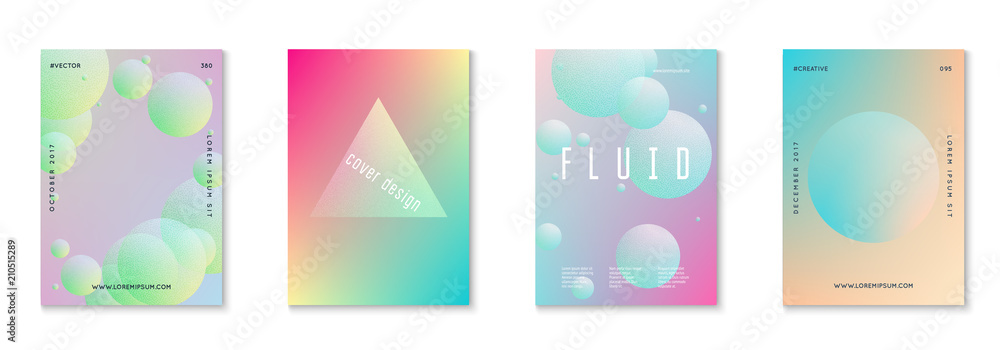 Fluid poster set with round shapes. Gradient circles on holographic background. Modern hipster template for placards, covers, banners, flyers, presentations, annual. Minimal fluid poster in neon color