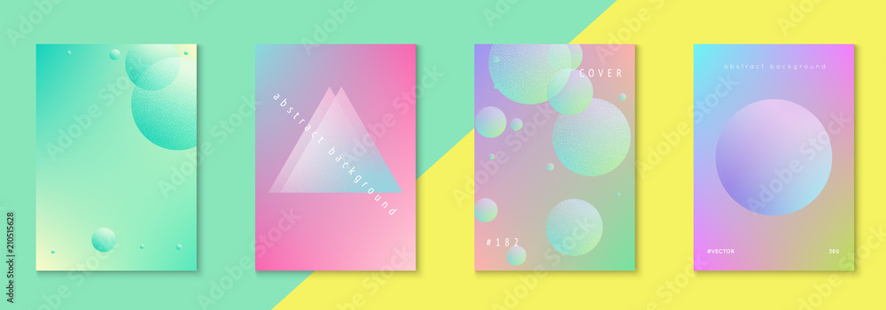Holographic cover set with radial fluid. Geometric shape on gradient background. Modern hipster template for placard, presentation, banner, flyer, brochure. Minimal holographic cover in neon color
