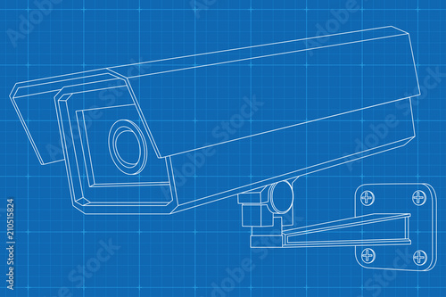 CCTV camera. Outline vector illustration on blueprint background