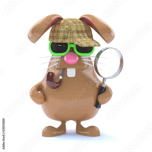 Vector 3d Funny cartoon chocolate Easter bunny rabbit thinks he is Sherlock Holmes