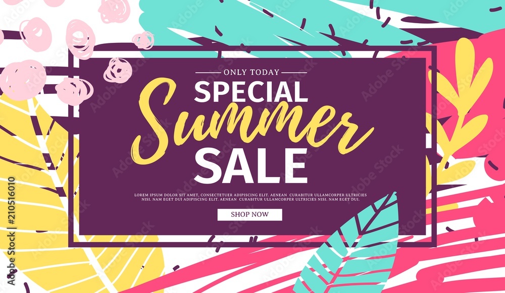 Template design web  summer banner offer. Summer flyer for season offer on abstract brush background with flower decoration and graphic leaf element. Vector.