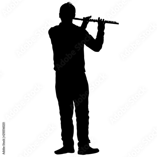 Silhouette of musician playing the flute on a white background