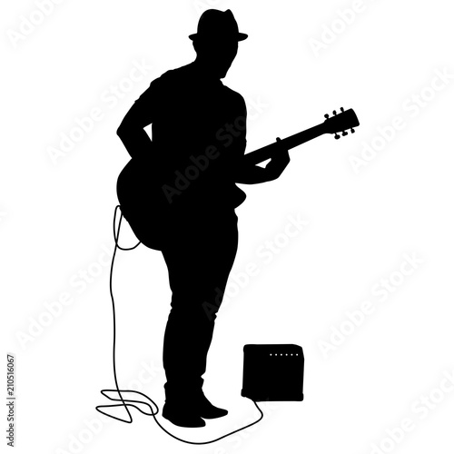 Silhouette musician plays the guitar on a white background