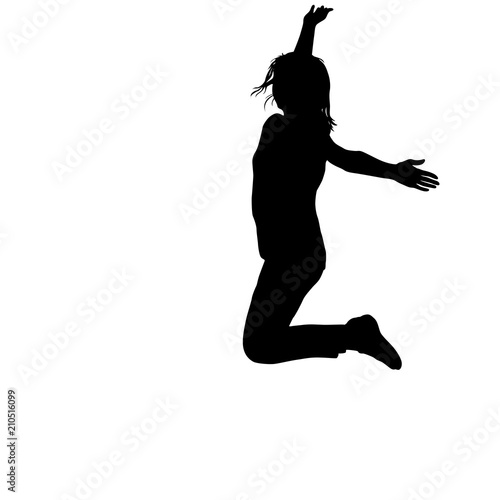 Silhouette young girl jumping with hands up, motion