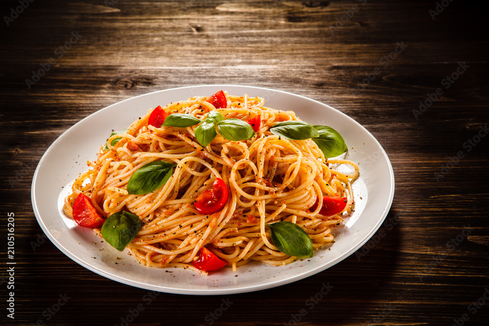 Pasta with meat, tomato sauce and vegetables Pasta with meat, tomato sauce and vegetables