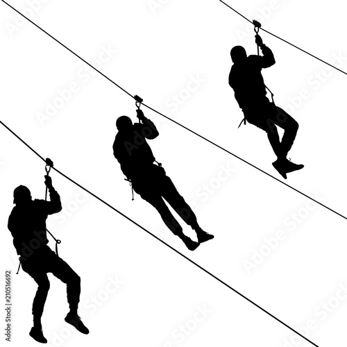 Black set silhouette extreme rope descent attraction, man descends down the cable car