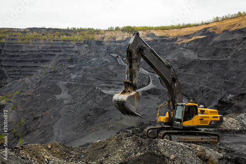 Excavator in an open coal mine. Heavy mining industry.