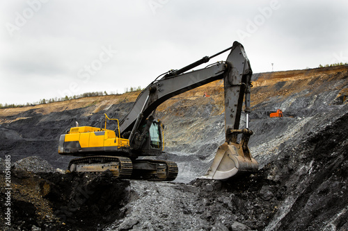 Excavator in an open coal mine. Heavy mining industry.