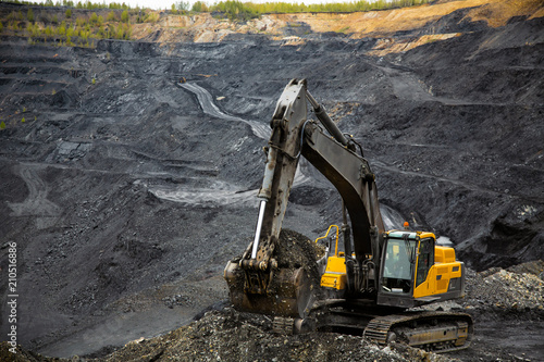 Excavator in an open coal mine. Heavy mining industry.