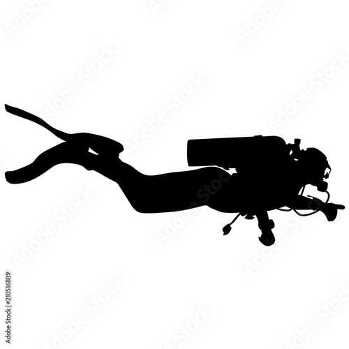 Black silhouette scuba divers on a white background