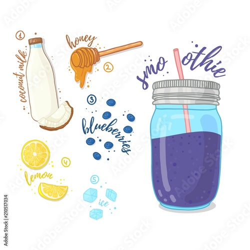 Berry cocktail for healthy life. Smoothies with blueberry, coconut milk, lemon and honey. Recipe vegetarian organic smoothie in jar. Template recipe card with detox drink for diet. Vector