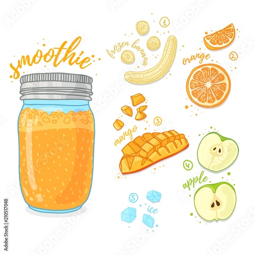 Orange cocktail for healthy life. Smoothies with mango, banana, prange and apple. Recipe vegetarian  fruit organic smoothie in jar. Template recipe card with detox drink for diet. Vector