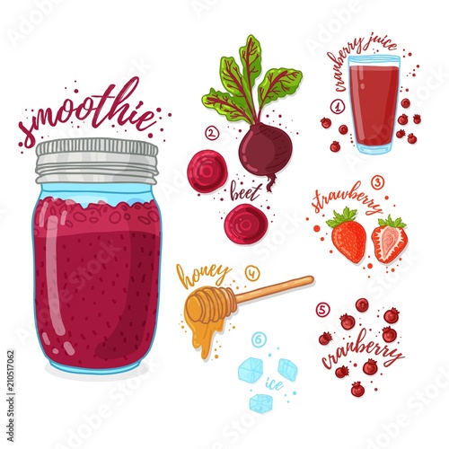 Fruit and vegetable cocktail for healthy life. Smoothies with beet, honey, cranberry and strawberry. Recipe vegetarian organic smoothie in jar. Template recipe card with detox drink for diet. Vector