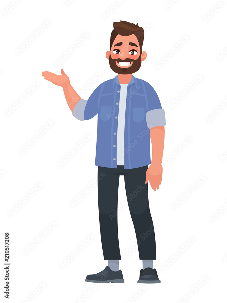 Happy man points out something. Presentation or showing. Element for advertising goods. Vector illustration Happy man points out something. Presentation or showing. Element for advertising goods. Vector illustration